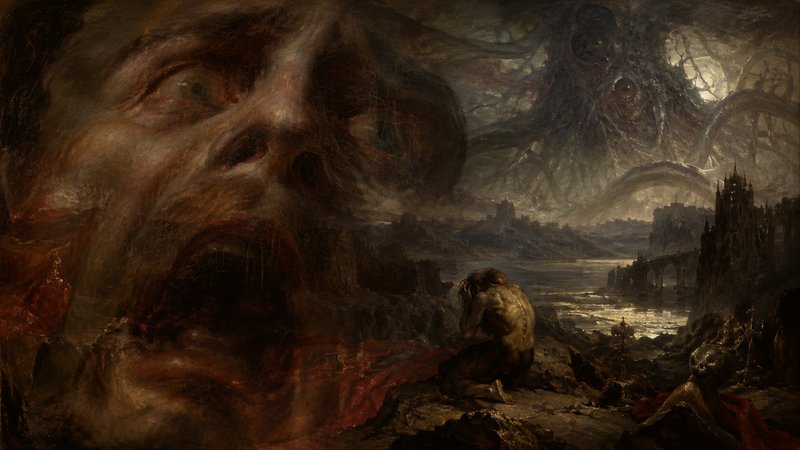Tormented screaming giant face looms over a hunched despairing man in a dark apocalyptic gothic landscape