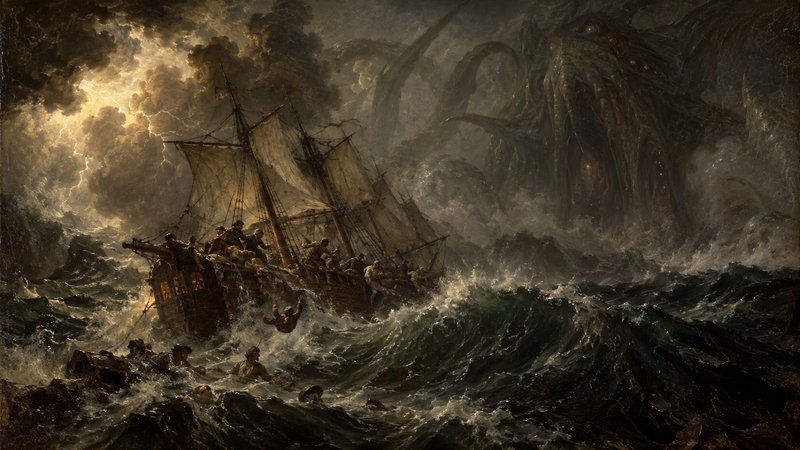 Wooden tall ship struggles in roiling storm waves as a giant tentacled sea leviathan looms nearby