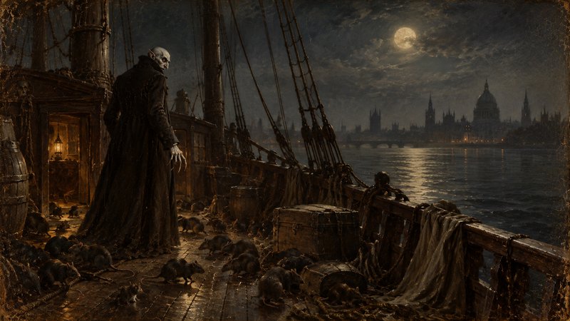 Nosferatu stands on a rat-covered wooden ship deck gazing toward London under a glowing full moon