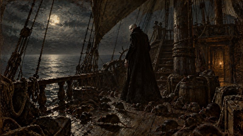 Nosferatu vampire standing on a ghost ship deck surrounded by rats under a glowing full moon