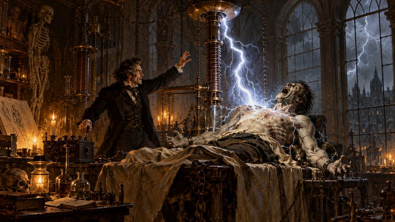 Victor Frankenstein uses electrical apparatus to animate his reanimated monster in a stormy gothic laboratory