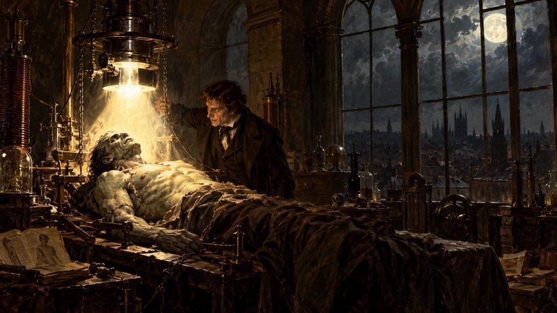 Victor Frankenstein activates his stitched creature on a lab table under glowing light in a gothic tower workshop