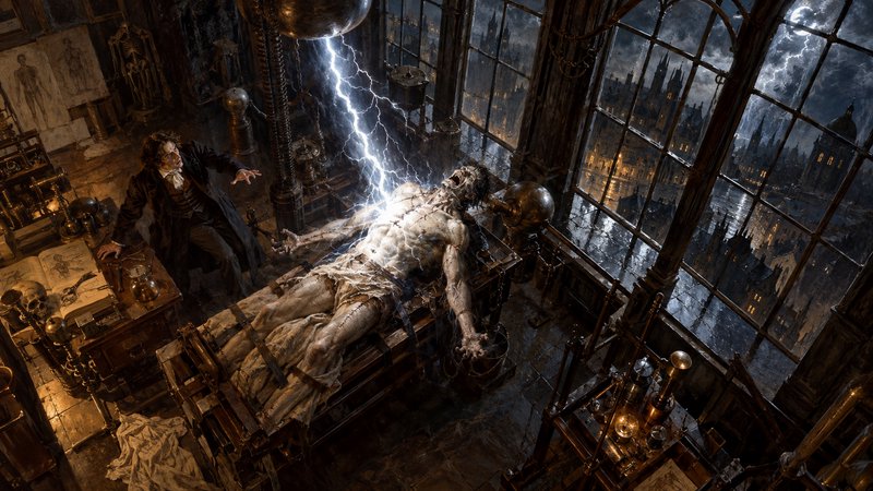 Mad scientist watches lightning animate a stitched creature strapped to a lab table in a stormy gothic tower