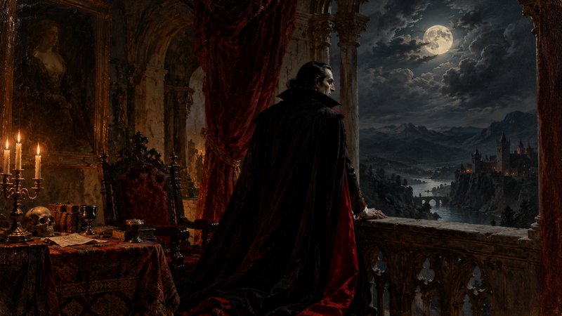 Vampire count in a black cape stands on a gothic castle balcony gazing at a full moon night landscape