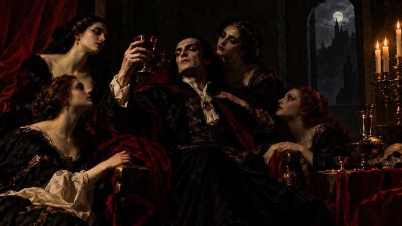 Count Dracula holds a ruby goblet surrounded by his four brides in a moonlit gothic castle chamber