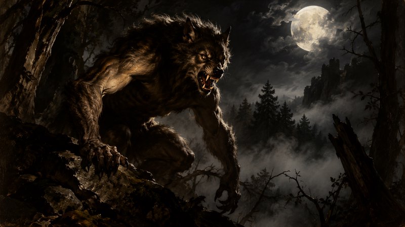 Snarling muscular werewolf crouched on a rocky ledge under a full moon in a misty dark forest
