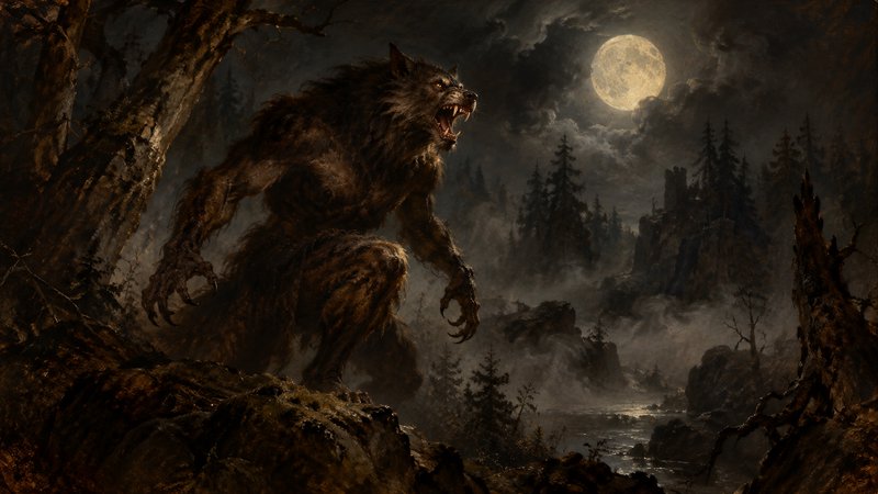 Snarling werewolf crouches on misty rocky forest ground beneath a glowing full moon