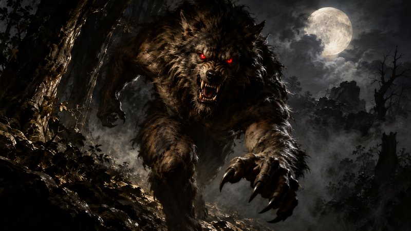 Snarling werewolf with glowing red eyes advances through a misty forest under a full moon
