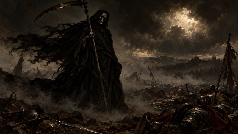 Grim Reaper holding a scythe stands over a corpse-strewn medieval battlefield under stormy moonli...