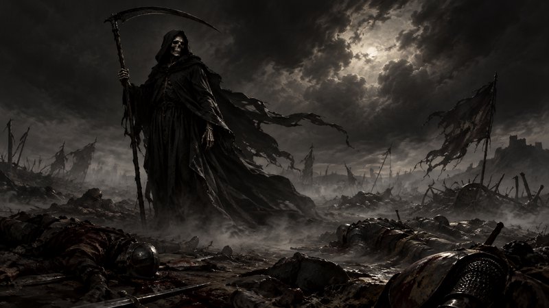 Hooded grim reaper holding a scythe stands over a bloodied fog-shrouded post-battle battlefield