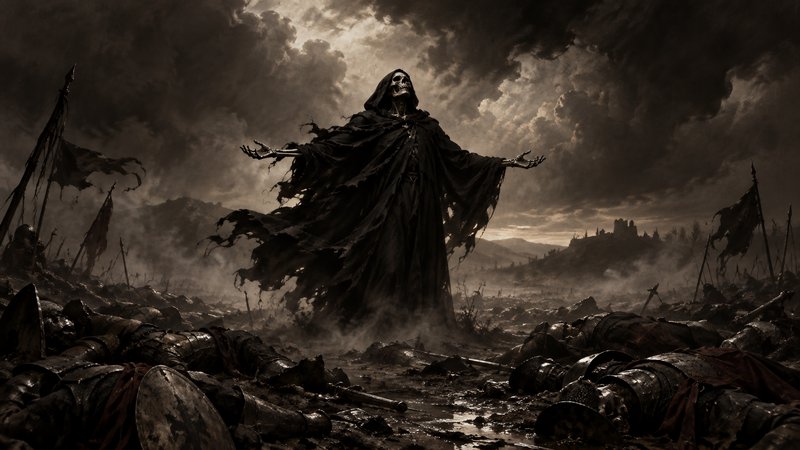 Hooded skeletal grim reaper stands with outstretched arms above a littered medieval battlefield u...