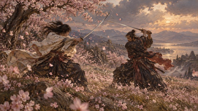 Two samurai duel with katanas beneath blooming cherry blossom trees at a golden hour mountain overlook