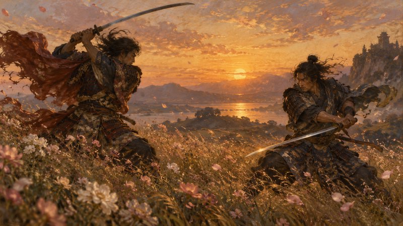 Two samurai duel with katanas in a wildflower meadow at golden sunset