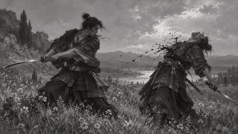 Samurai lands a decisive katana strike on his dueling opponent in a wildflower meadow overlooking...