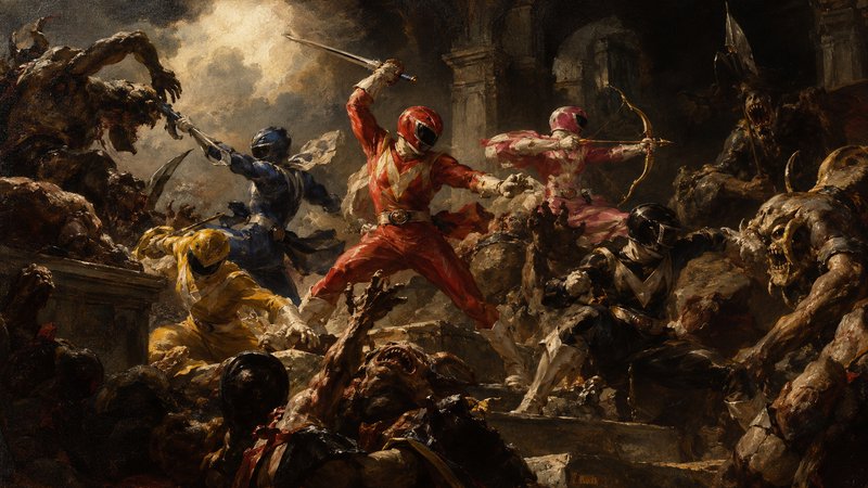 Power Rangers battle swarming demonic foes in a dramatic classical baroque battle painting