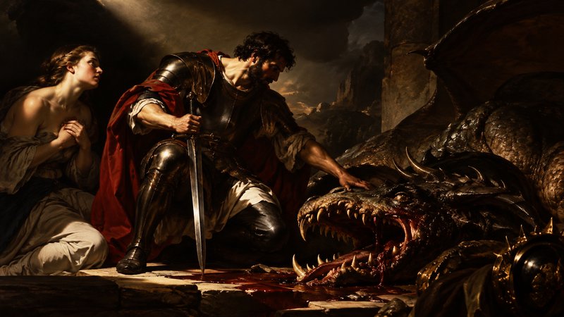 Armored knight kneels over a slain dragon while a grateful kneeling woman watches at his side