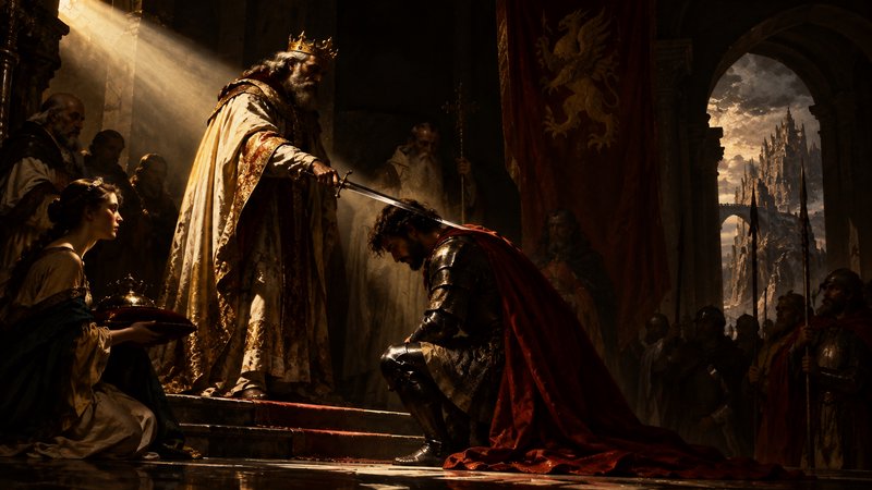 Crowned old king dubbing a kneeling armored knight during a solemn medieval knighting ceremony