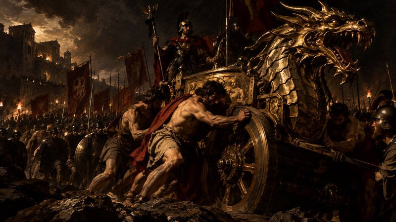 Muscular warriors push an ornate golden dragon chariot carrying a Roman commander across rocky ba...