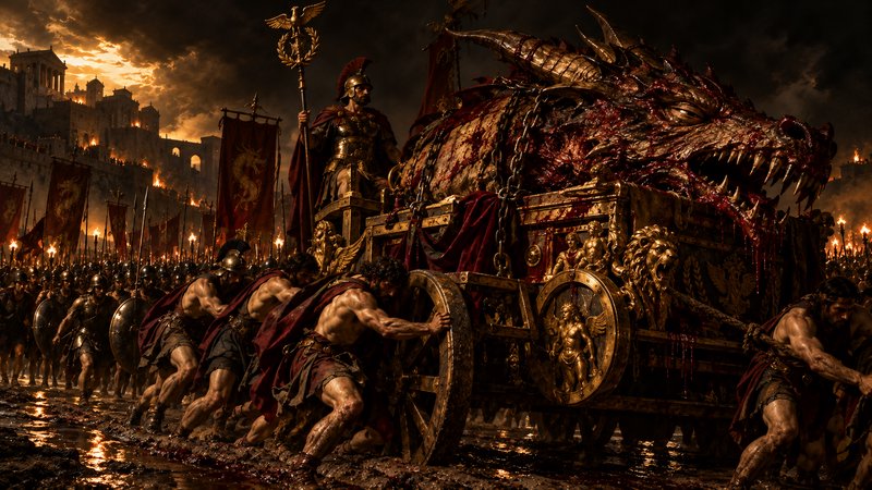 Roman legionaries push an ornate war chariot carrying a chained slain dragon during a fiery victo...