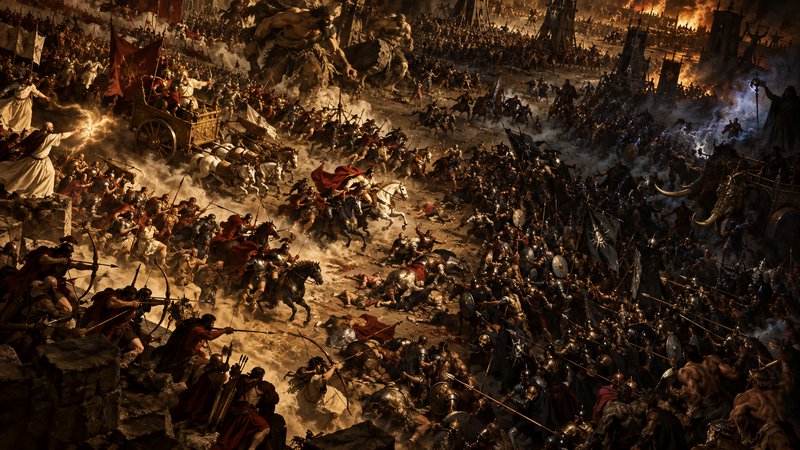 Massive epic fantasy battlefield showing clashing armies, spellcasting mages, cavalry, and fiery ...