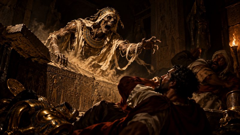 Reanimated undead Egyptian mummy bursts from a sarcophagus to terrify shocked tomb raiders in a treasure filled tomb