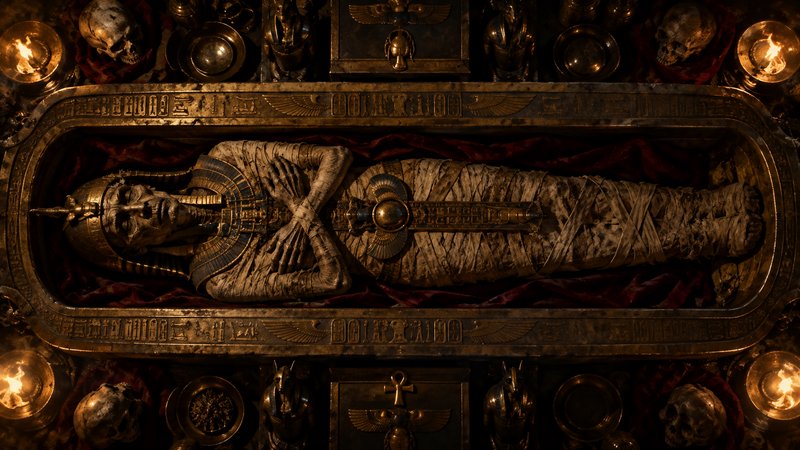 Top-down view of an ancient Egyptian pharaoh mummy resting inside an ornate golden sarcophagus in...
