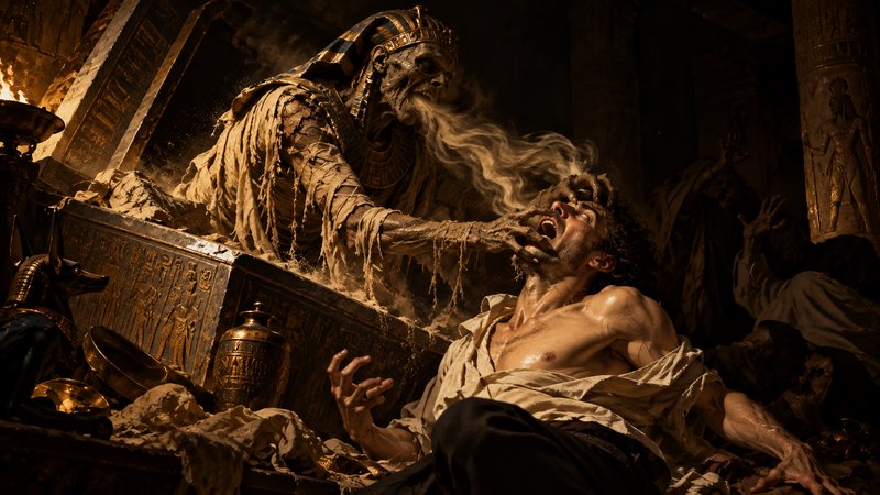 Undead ancient Egyptian mummy emerges from a sarcophagus to grab a terrified explorer in a dark tomb.