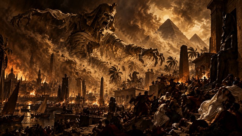 Colossal undead mummy pharaoh looms over a burning ancient Egyptian city as panicked crowds flee.