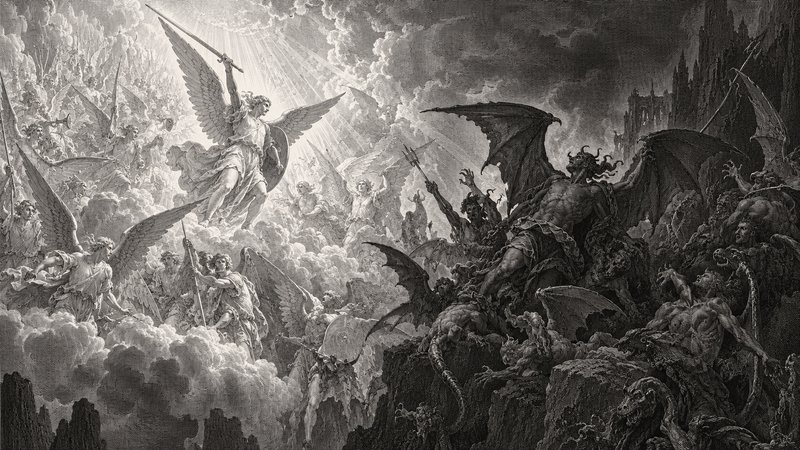 Archangel Michael leads heavenly angels against Satan and bat-winged fallen demons in the war in ...