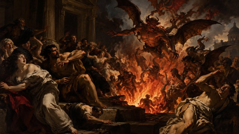 Dramatic baroque painting of winged demons emerging from fire as panicked civilians flee a classi...