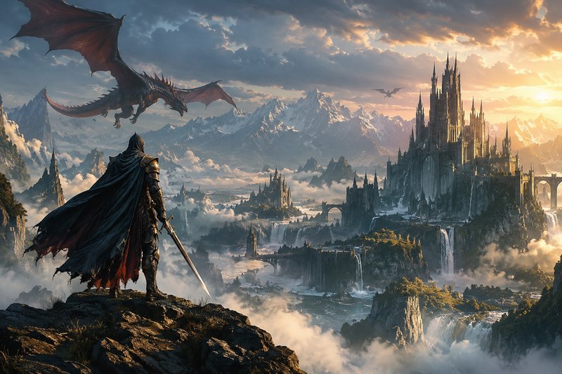 Hooded armored knight stands on a rocky cliff overlooking a fantasy kingdom as a dragon flies ove...