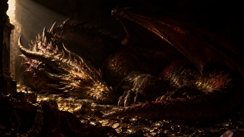 Massive horned dragon resting atop a glinting gold hoard in a dim sunlit underground cavern