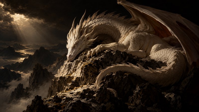 Massive pale white ancient dragon rests asleep on a jagged mountain peak under dramatic storm clouds