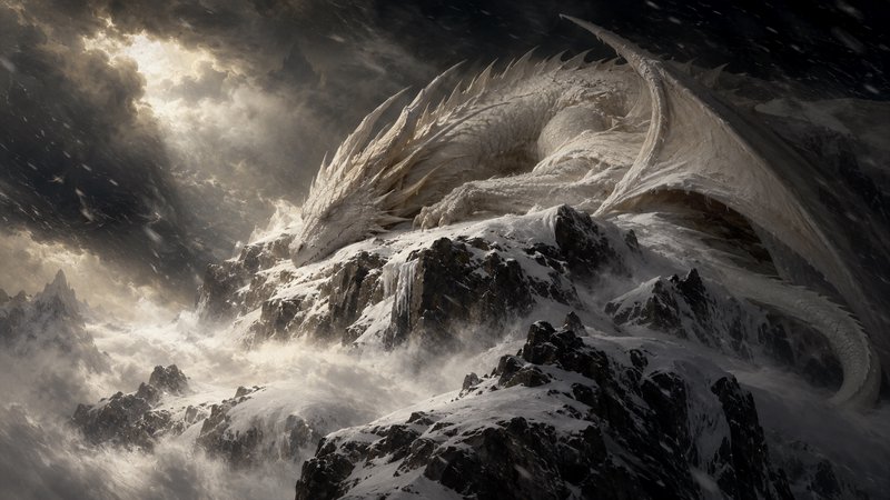 Massive ancient white dragon resting on a snow covered mountain peak during a blizzard