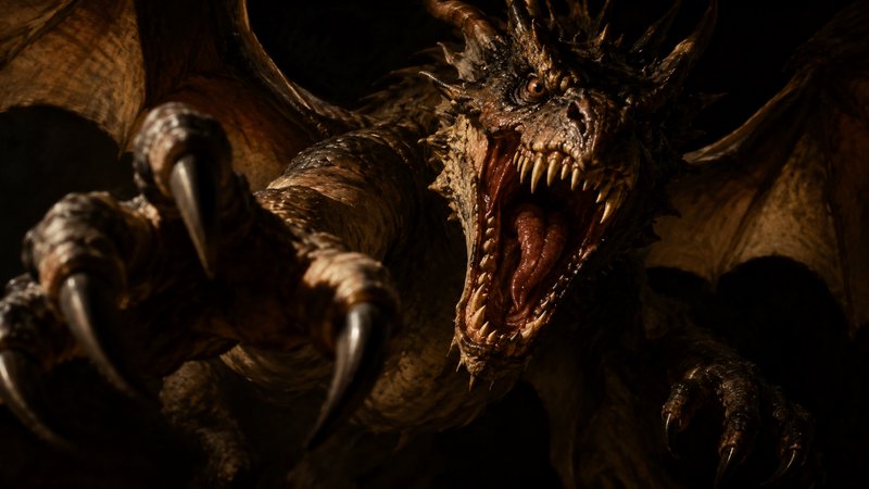 Ferocious scaly fantasy dragon lunges toward the viewer with open jaws and outstretched sharp claws