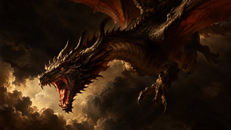 Menacing roaring ancient dragon soaring through roiling sunlit storm clouds