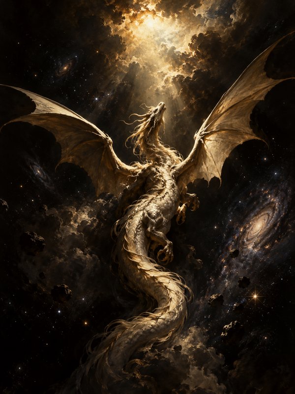 Majestic golden celestial dragon with outstretched wings floats in deep space beneath a beam of d...