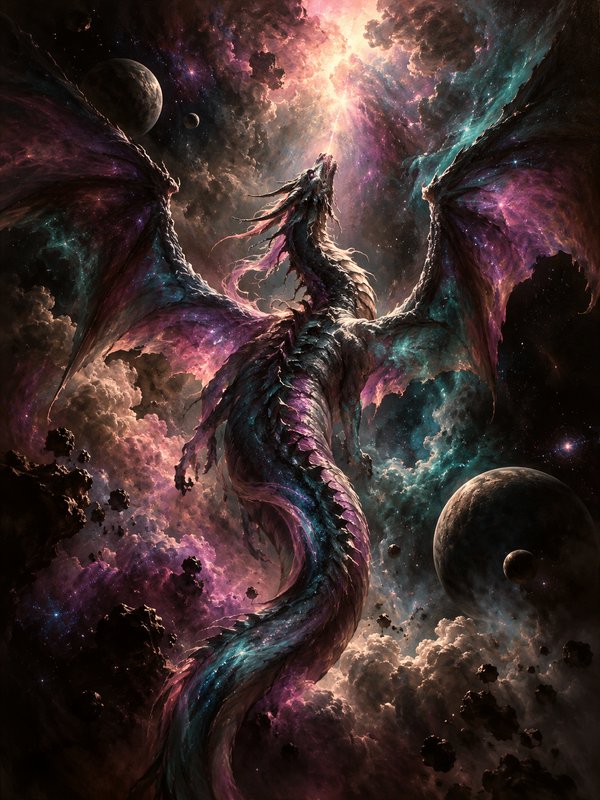 Majestic celestial dragon channels light while floating through a colorful nebula filled with pla...