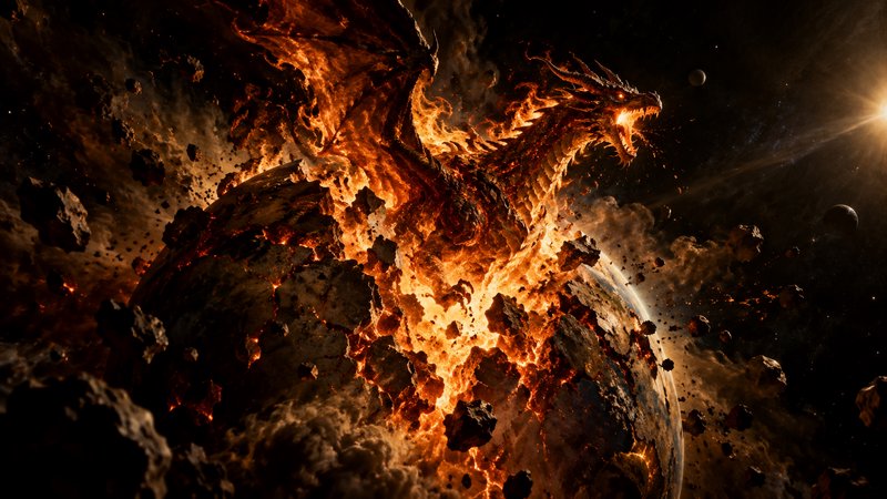 Fiery cosmic dragon emerges from an exploding rocky planet amid asteroids in deep space