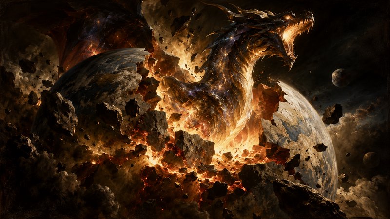 Cosmic fiery dragon erupting from the center of a shattering rocky planet in deep space