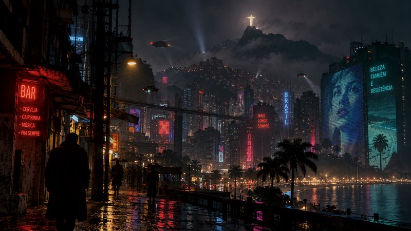 Cyberpunk rainy night Rio de Janeiro cityscape with neon skyscrapers, flying vehicles and lit Chr...