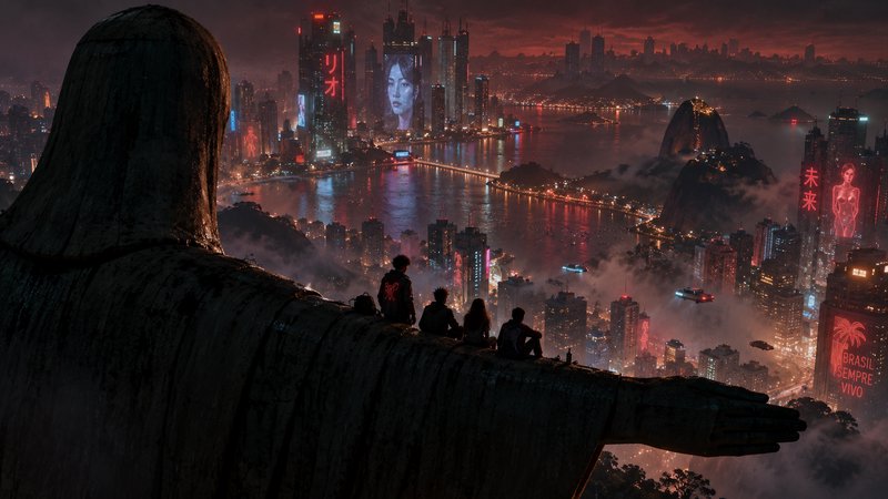 Group of friends perched on Christ the Redeemer overlooking cyberpunk Rio de Janeiro at red dusk