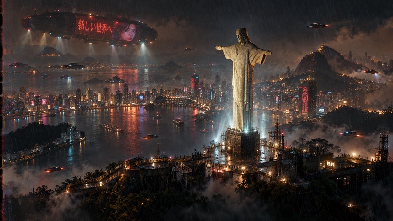 Futuristic cyberpunk Rio de Janeiro skyline featuring Christ the Redeemer and floating airships o...