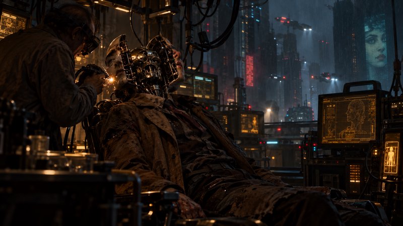 Technician repairs a cyborg with exposed metal skull in a high-rise cyberpunk workshop