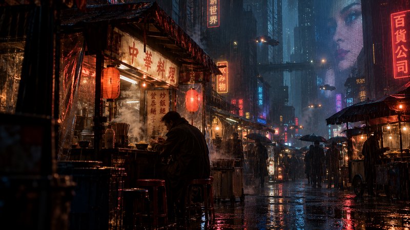 Man eats at a street food stall on a rainy neon-lit cyberpunk city street at night