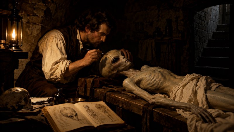 19th century anatomist examines a grey alien corpse on a table in a dim lantern-lit stone cellar