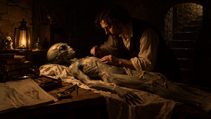 19th century scientist examining a grey alien specimen on a worktable in a dim stone cellar