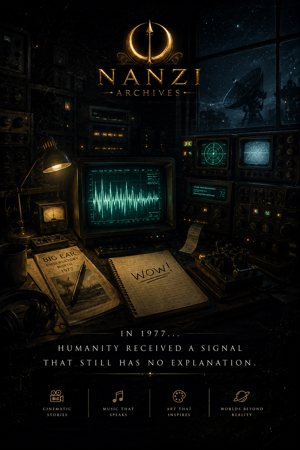 Dim vintage control room with a glowing oscilloscope, old monitors, and a notebook reading "WOW!" in a retro sci-fi poster.