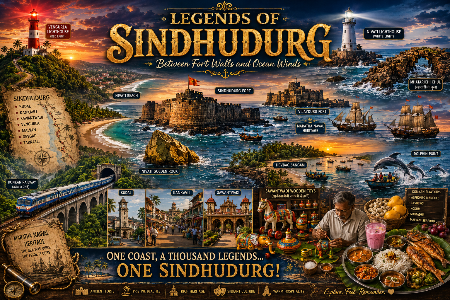 Vibrant poster collage of Sindhudurg with forts, lighthouse, beaches, ships, and local cuisine.
