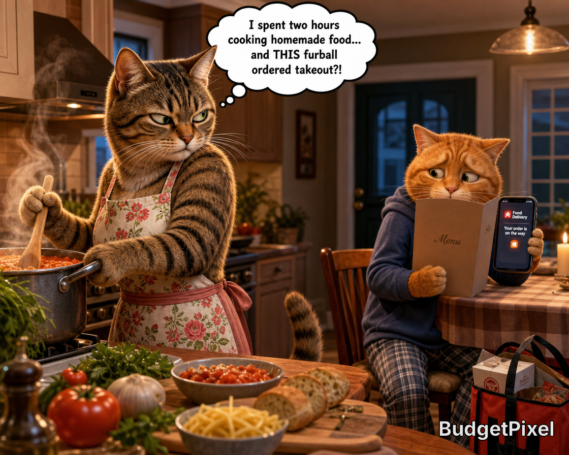 Two cats in a cozy kitchen; one cooks pasta in a floral apron, the other reads a menu while ordering takeout.